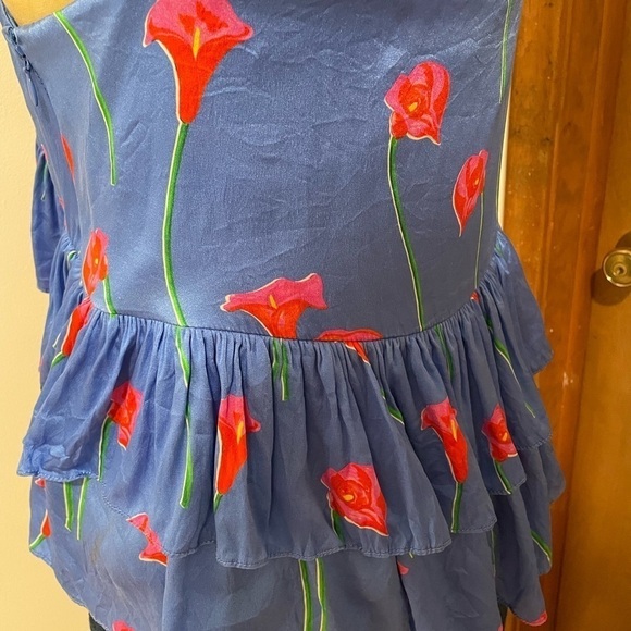Caroline Constas Silk Top Med Softgirl Nadine Ruffle Floral Tank Print Blue - Picture 5 of 13